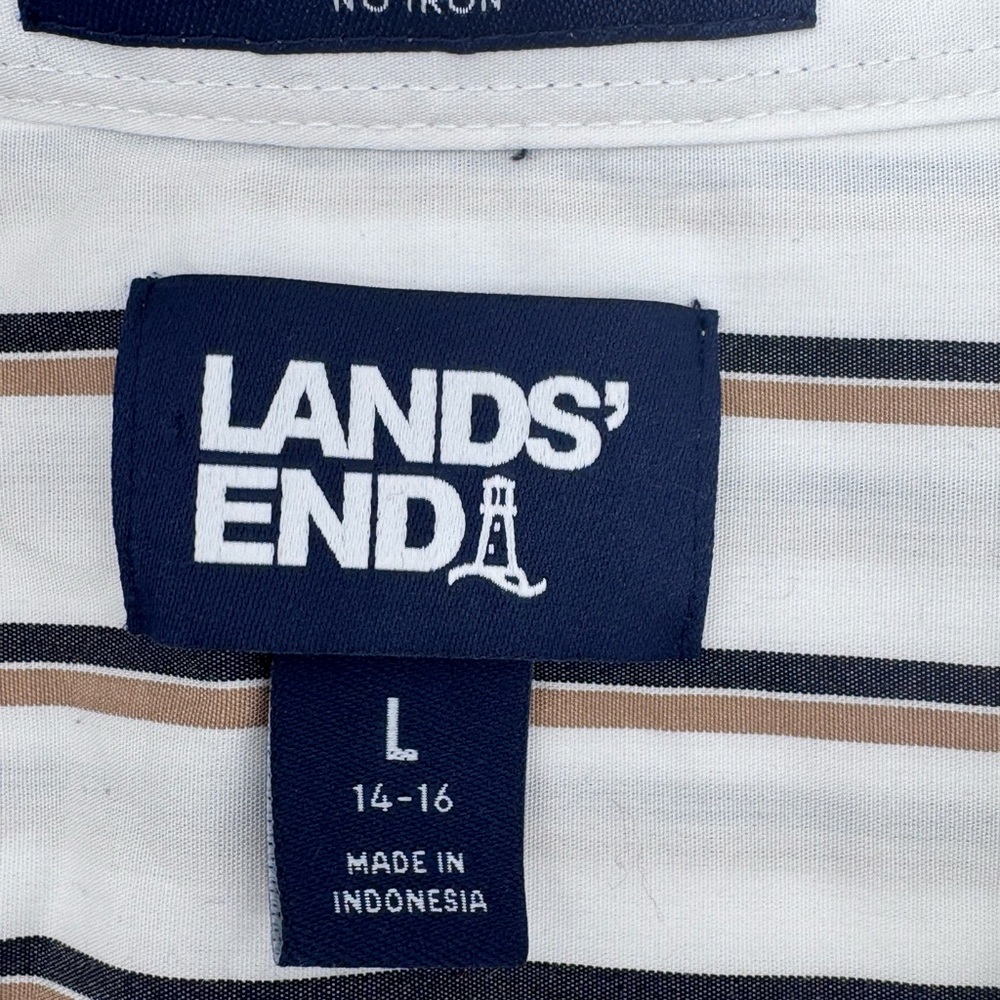 Lands' End No Iron White With Navy/Tan Striped Button Down‎ Shirt, Size Large - Picture 9 of 13